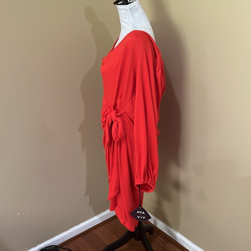 Wrap Around stretch Red cinched waist Ballon Sleeve flattering dress - Picture 4 of 10